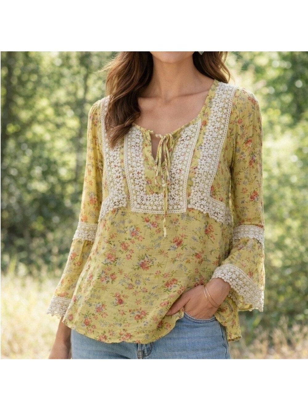 Sundance Yellow Silk Floral Tunic Blouse Lace-Trim Boho Peasant Cottage Top L